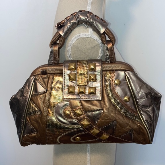 Vintage Bags By Pinky Studded Leather Purse Handbag Patchwork Bronze Gold Silver